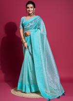 Dense Woven Organza  Sky Blue Party Wear Weaving Saree